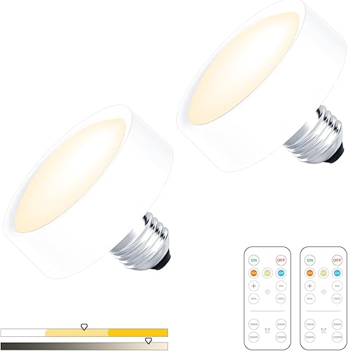 Paquete de 2 bombillas que funcionan con pilas luz LED de disco AA con control remoto luz regulable inalámbrica E26 para apliques de pared lámparas