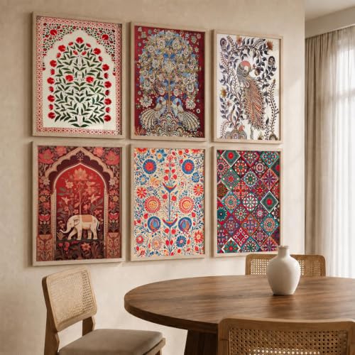 Image of kotart Decorative Madhubani Art Wall Painting Traditional Home Decoration With Frame For Living Room Bed Room Hotel Wall Decor Digital Reprint Engineered Wood Set of 6