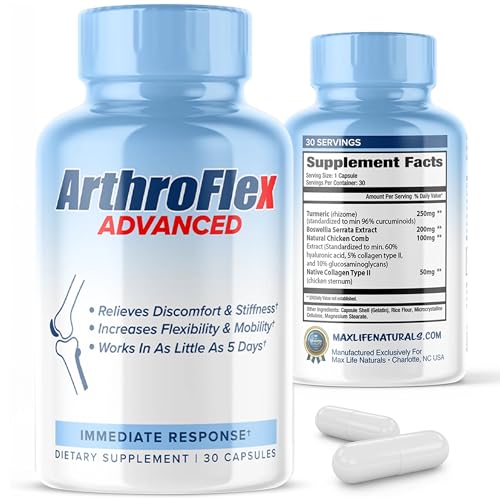 MAXLIFE NATURALS ArthroFlex Advanced Joint Support Supplement 30 Capsules Made in USA Type II Collagen Turmeric & Boswellia Joint Supplements for Men Women Cartilage Flexibility & Mobility Support