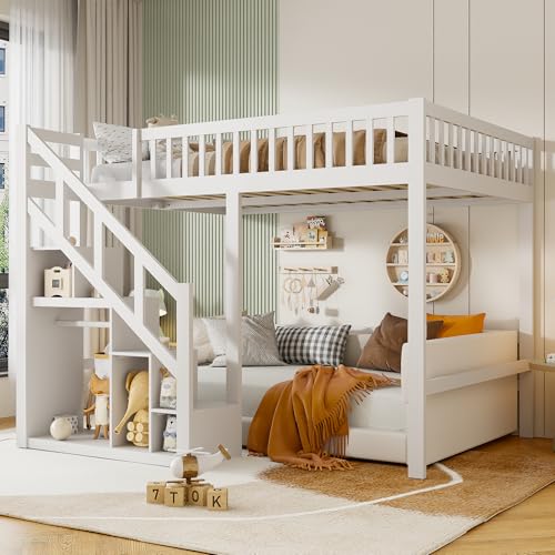 Fofetbfo Lit Superposé Enfant avec escalier à Angle Droit 140 x 200 cm, Lit Mezzanine Enfant avec Espace de Rangement, Protection Anti Chute, Lit cabane Enfants lit...