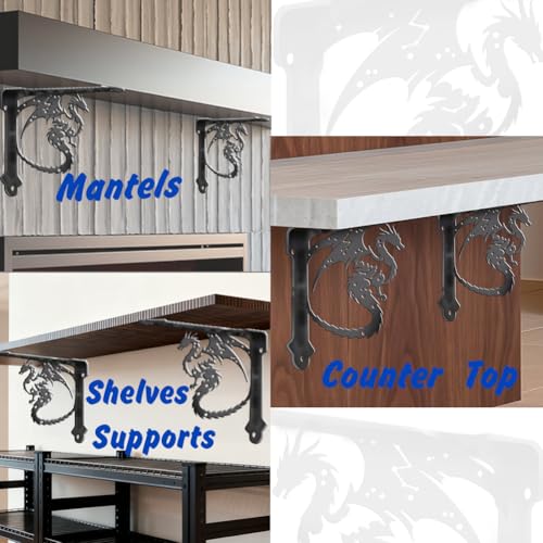 PRESSINART 2Pcs Ornamental Shelf Support Brackets Decorative Metal L Bracket Black Dragon Cast Iron Wall Mount Ornate Right Angle Rustic Style Holder for Kitchen Decoration 6.77 x 8.27 x 0.08 Inch by PRESSINART - Used condition - Image 4