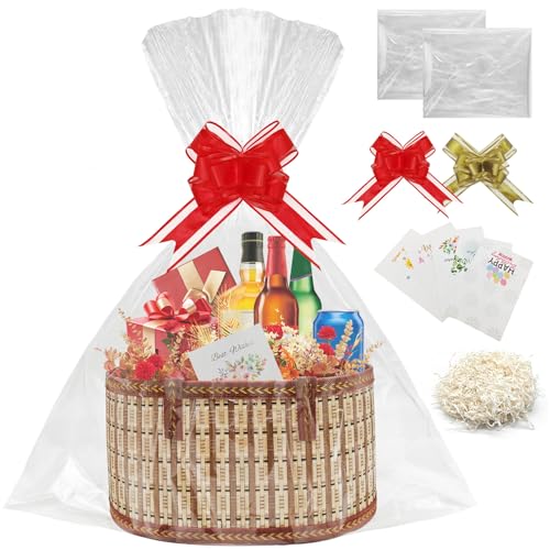 Image of 1Set Empty Hamper Basket Gift Baskets Woven Bamboo Basket with Bags, Pull Bows and Shredded Paper Gift Basket Hamper Kit for Birthday,Housewarming (Brown)