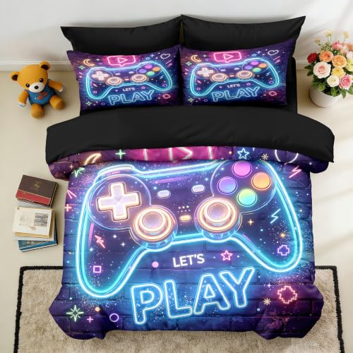 Image of NINENINE Gaming Controller Comforter Sets, Purple Brick Galaxy Gamer Bedding 5PCS Twin Size Comforter Sets for Teen Boys (1Comforter, 1Flat Sheet, 1Fitted Sheet, 2Pillowcases)