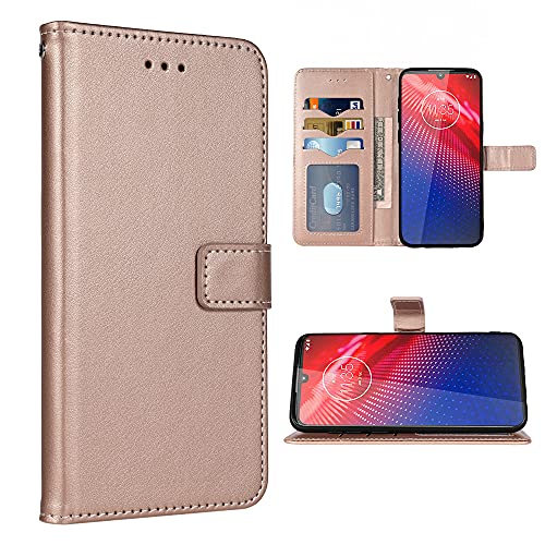 FDCWTSH Compatible with Moto Z4/Moto Z 4 Play/MotoZ4 Force Wallet Case Wrist Strap Lanyard Flip Cover Card Holder Cell Phone Cases for Motorola 4Z Motoz4cases MotoZ4Play XT1980-4 2019 Rose Gold