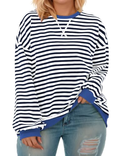 Image of ROSRISS Womens-Plus-Size-Oversized-Sweatshirts Striped Colorblock Long Sleeve Shirts Casual Crewneck Pullover Sweaters XL-5XL