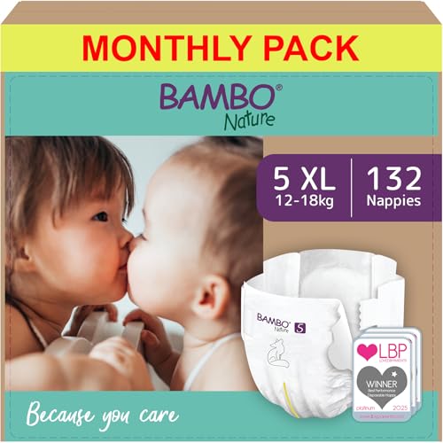 Bambo Nature Premium Eco Nappies, Size 5 (27-40lb/12-18kg), Junior, 132PK, Eco-Labelled Nappies, Enhanced Leakage Protection, Secure and Comfortable Baby Nappy