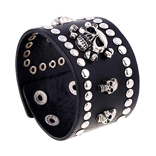 LHUOSN Gothic Leather Cuff Bracelet, Steam Punk Spiked Wristband, Extra Wide Leather Wrist bands Studded, Adjustable 6.5-8.5 Inches Armband, Black&