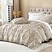 Litanika Oatmeal Pinch Pleat Duvet Cover Queen, 3 Pieces Pintuck Soft Microfiber Bedding Set with Zipper Closure & Corner Ties(90x90Inch-1 Duvet Cover, 2 Pillowcases)