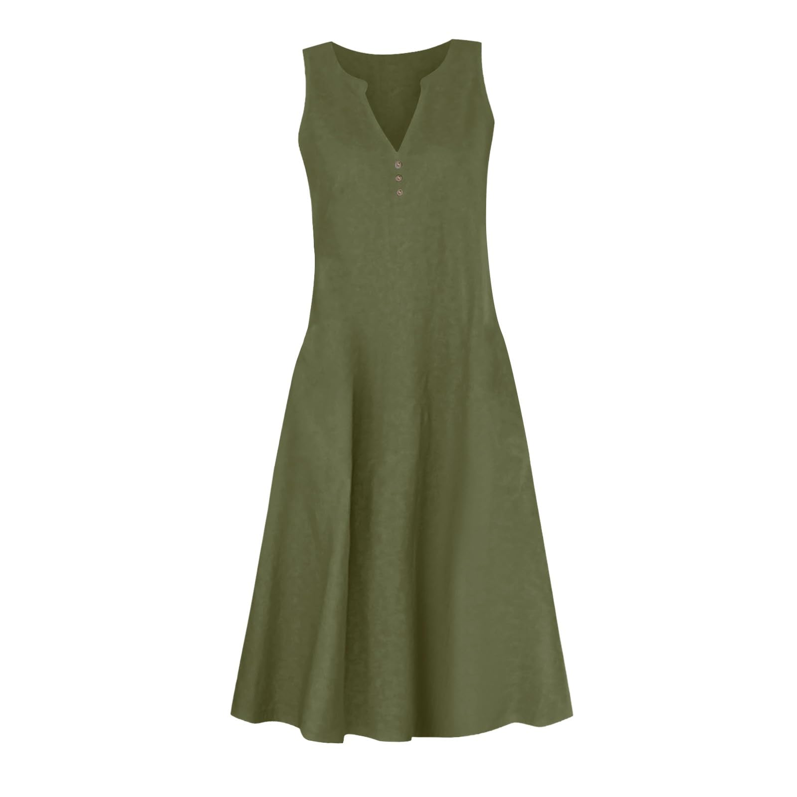 Robe de plage pour femme - Longueur genou - Mini tunique bohème - Robe de plage unie en lin - Sans manches - Avec poches et boutons décoratifs - Col en V - Robe de loisirs pour les vacances et la vie
