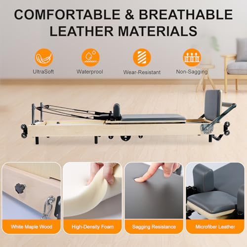 Image of Pilates Reformer, Maple Wooden Foldable Pilates Reformer Machine with 6 Springs,Sitting Box, Padded Jump Board, Quick-Assembly for Home Workouts Studio Yoga