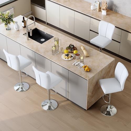 Image of Swivel Bar Stools Set of 4 - White Barstools with Back,Adjustable Counter Height Bar Stools with Sturdy Metal Legs,Leather Counter Height Stools Ideal for Kitchen Island Pub(25''-33''H)