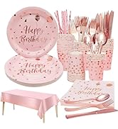 DASIAUTOEM 161 Stück Partygeschirr Set, Geburtstag Party Geschirr,Rotgold Partyzubehör Pappteller...