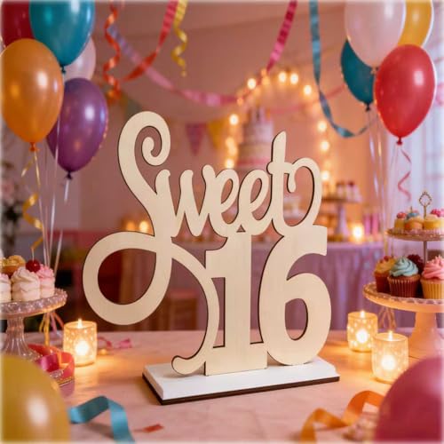 Sweet 16 Birthday Decoration,Sweet 16 Table Decoration Sign,Wooden Sweet Sixteen Years Old Freestanding Birthday Party Display,16th Birthday Sign Decorative Centerpiece Photo Booth Props
