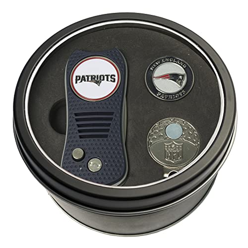 Team Golf NFL New England Patriots Tin Ball Marker Gift Set with Retractable Divot Tool, Cap Clip and 2 Double-Sided Enamel Ball Markers, Patented Design, Less Damage to Greens