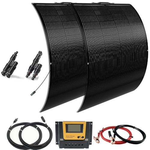 WUZECK Kit de panneaux solaires flexibles 400 W - 12 V - 2 x 200 W - Avec régulateur de charge solaire 30 A 12 V/24 V + câble solaire - Kit complet pour batteries camping-car, caravane, camping