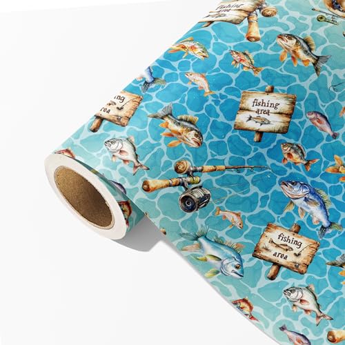 Dtiafu Fishing Wrapping Paper Roll - Blue Fish Fishing Tackle Design for Boys Men Birthday Fishing Lovers Fathers Day Total 28.5sq.ft