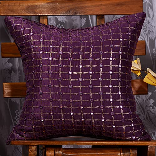 Image of Purple Decorative Cushion Covers 20x20 inches Set of 2, Embroidered Pillow Covers, Sofa Pillowcases with Mirror and Embroidery