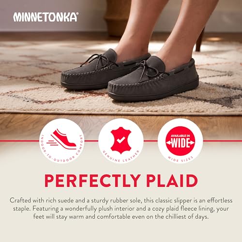 Image of Minnetonka Plaid Lined Hardsole - Moccasin Slippers for Men Made with Suede Upper, Rubber Sole, Plush Interior, Fleece Lining, Rawhide Lace, and Traditional Moccasin Design