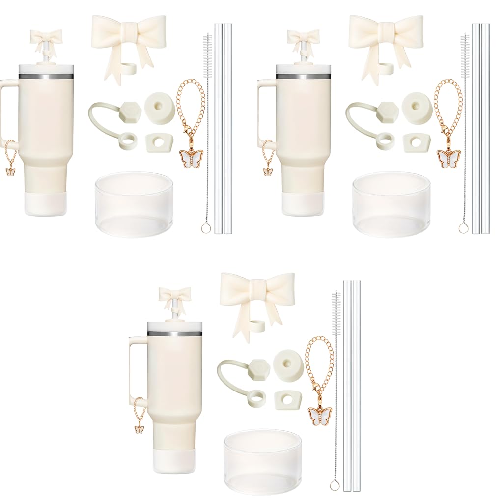 HASTHIP® 3 Set for Stanley Cup Accessories & Charm Kit Set of 9Pcs Fashion Straw Accessories Kit Cute Bow Straw Cap, 2 Straight Straws, Cleaning Brush, Butterfly Handle Charm, Cup Bottom Sleeve X3-picture-16