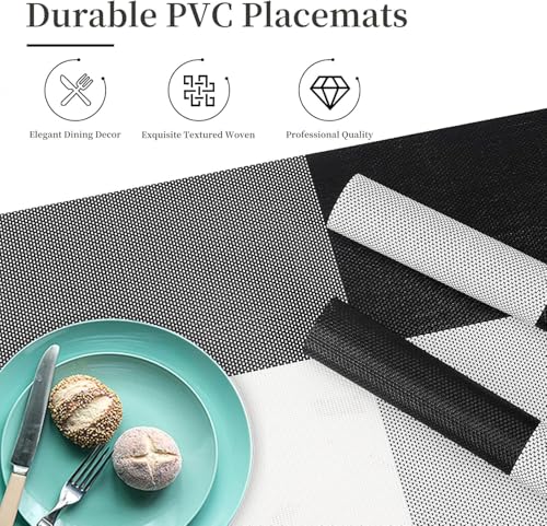 Image of Placemats Set of 6 Dining Table Place Mats | Placemats Table Mat PVC Material | Non-Slip Heat Resistant | Dining Tablemates Washable Anti-Skid | Size 45 x 30cm (Black White Lattice Block)