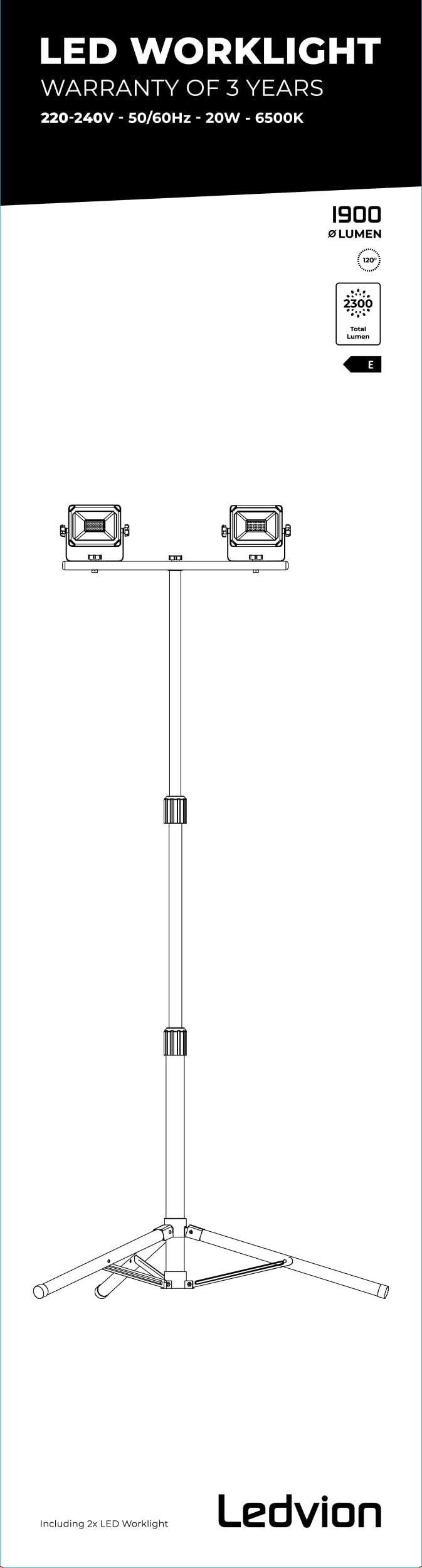 Ledvion - Faro LED su Treppiede 2x20W, 4000 Lumen, 6500K Luce Giorno, Impermeabile IP65, Lampada da Lavoro Doppia Regolabile per Interni ed Esterni, Lampada da Cantiere, Orientabile, Portatile