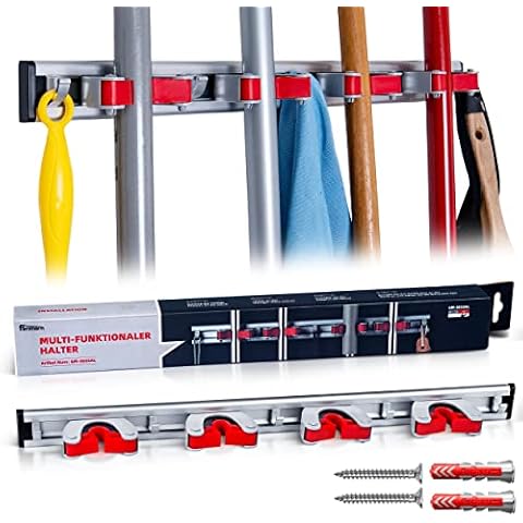 flimmern Besenhalterung Wand - robuster Gartengerätehalter mit 4 Halter  und 5 Haken (51cm) l - rostbeständig Werkzeughalter Organizer Gartenwerkzeug Halterung und Besenhalter  Cover