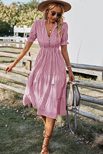 YOXUA Women's Shirt Dresses Sleeveless V Neck Midi Dress Striped Pleated Ruffle Tunic Tops Casual Dress with Button, M