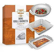 Yukon Glory 3-Piece Mini Grill Basket Set, Perforated Stainless Steel Vegetable BBQ Baskets With Grill Pan Topper, Square & Round, Dishwasher Safe