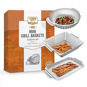 Grill Basket – Yukon Glory™ 3-Piece Mini Grilling Basket Set – Stainless Steel Perforated Grill Baskets for Grilling Veggies Seafood and Meats Includes Grill Pan – Square Basket and Circular Basket