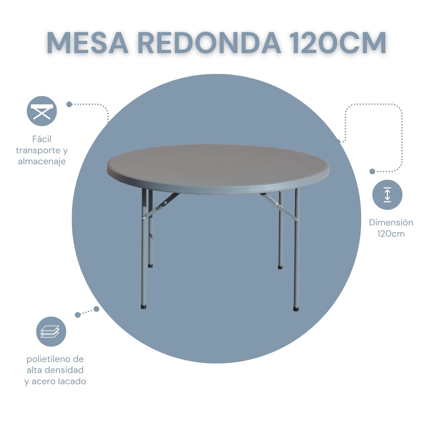 EME Mesa Redonda Plegable para Eventos Color Gris Oscuro de Dimensión 120cm Material Polietileno de Alta Densidad Apta para Eventos de Interior y Exterior