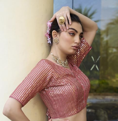 Image of Pujia Mills Women's Indian Ethnic Wear Designer Silver Sequence with Matching Embroidered Work Deep V Neck Half Sleeve Readymade Padded Saree Blouse Readymade Unique Color Saree Blouse