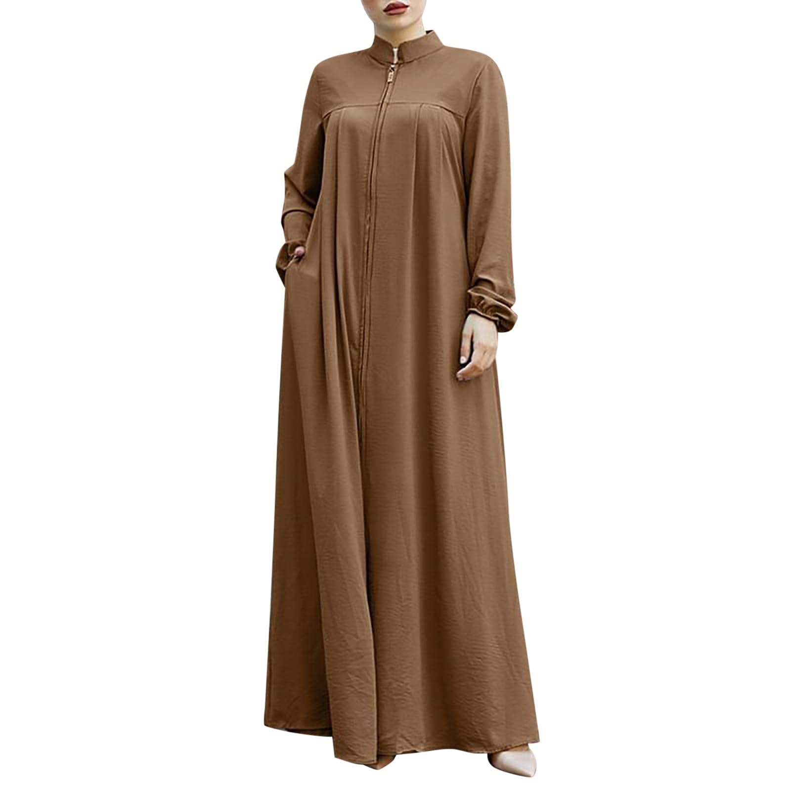 Abaya Dress for Women Stand Collar Zipper Solid Loose Maxi Dresses Leisure Robe Casual Comfortable Breathable Elegant Muslim Dresses