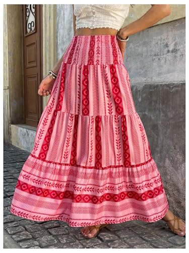 SweatyRocks Women's Summer Boho Maxi Skirts Flowy Ruffle Tiered Shirred Elastic Waist Beach Skirts2