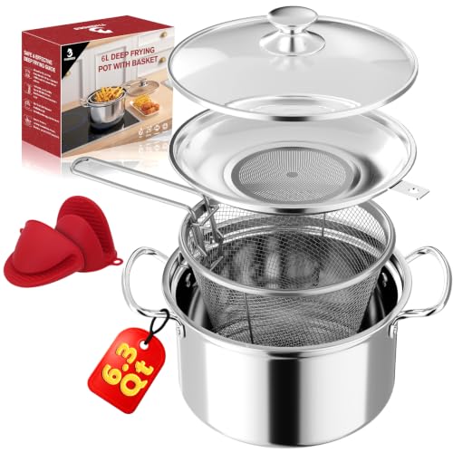 6L/6.3Qt Deep Fryer Pot with Basket Upgraded Stainless Steel Frying Pot