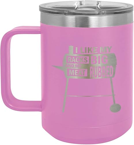 Taza de café con tapa abatible, diseño con texto en inglés "I like my RACKS Big and my carne", 15.0 fl oz con tapa superior deslizante, taza de café