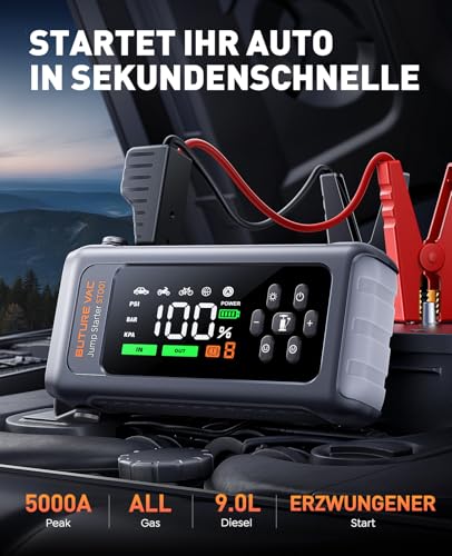 5000A Starthilfe Powerbank mit 150PSI Kompressor, 12V Auto Starthilfe Powerbank für 12 V(Bis zu All Benzin und 9.0L Dieselmotor)，Booster… – Ansicht 2