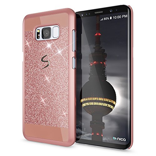 NALIA Custodia Protezione compatibile con Samsung Galaxy S8 Plus, Glitter Hard-Case Sottile Cover Protettiva Cellulare Slim Copertura Rigida Telefono Bumper Scintillio, Colore:Rosa Gold Oro
