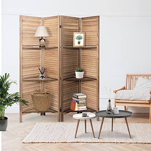 ECOMEX-4-Panel-Wood-Room-Divider-Screen-Freestanding-Folding-Privacy-Screen-with-Shelves-Brown ECOMEX 4 Panel Wood Room Divider Screen Freestanding Folding Privacy Screen with Shelves Brown