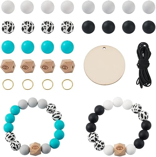 Kit de fabricación de pulseras de silicona, 64 cuentas redondas de silicona con 4 cuentas de madera octágonas con patrón de ojos, 4 colgantes de