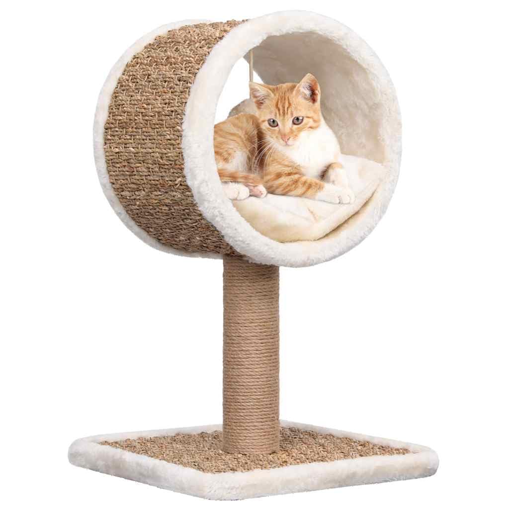 Katzen-Kratzbaum mit Tunnel und Spielzeug 56 cm Seegras Beige Kratzmöbel Kletterbaum für Wohnung Ecke zum Kratzen und Ruhen
