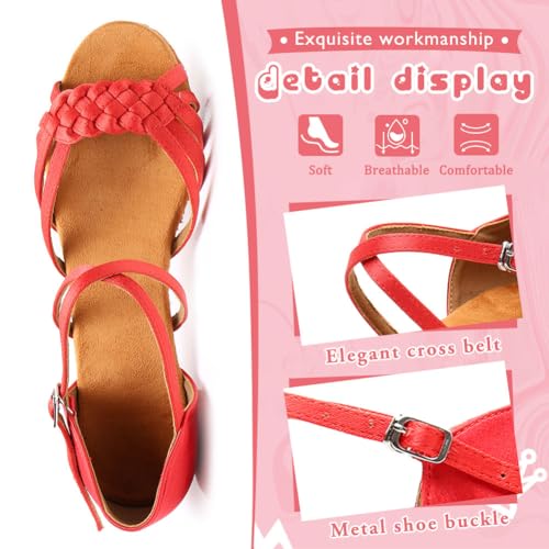 YKXLM Girls Latin Dance Shoes Kids Low Heels Tango Salsa Ballroom Practice Dance Shoes, 1208,Red,12.5 M Little Kid3