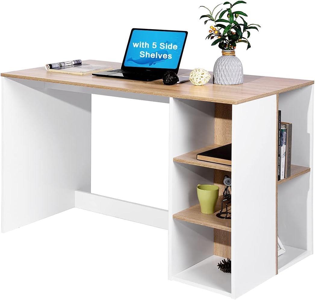 Computer Office Desk Gaming Desk Wooden Large Pc Writing Desk with 5 Storage Shelves Home Workstation Industrial Table Bedroom Student kids Study Laptop for Home Work Bookcase, Beech & White