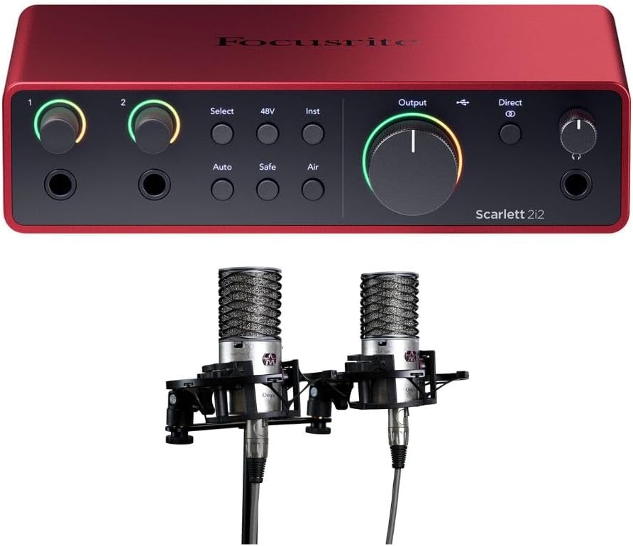 Focusrite Scarlett 2i2 Audio Interface + Aston Origin Stereo Pair Microphones Bundle – USB Recording Kit for Home Studio, Podcasting & Vocal Recording