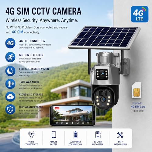 Image of VIE Solar CCTV Camera Outdoor Dual Lens 360 Degree PTZ | CCTV Camera with sim Card 4G | Solar Camera Outdoor Waterproof | CC Camera Colour | Night Vision| Motion Detection Two-Way Audio