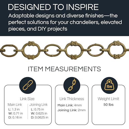 Image of RCH Hardware Decorative Antique Solid Brass Chain for Hanging, Lighting - Small Round Unwelded Links with X Design (1 Foot)