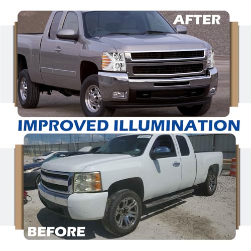 Halogen Projector Headlights Assembly for 2007-2013 Chevy Chevrolet Silverado 1500/ 2007-2014 Silverado 2500 3500 HD, Upgrade Y-Style LED DRL Bar, Chrome Housing, Reflector with Amber Stripes by MerveilLuz - Used condition - Image 7