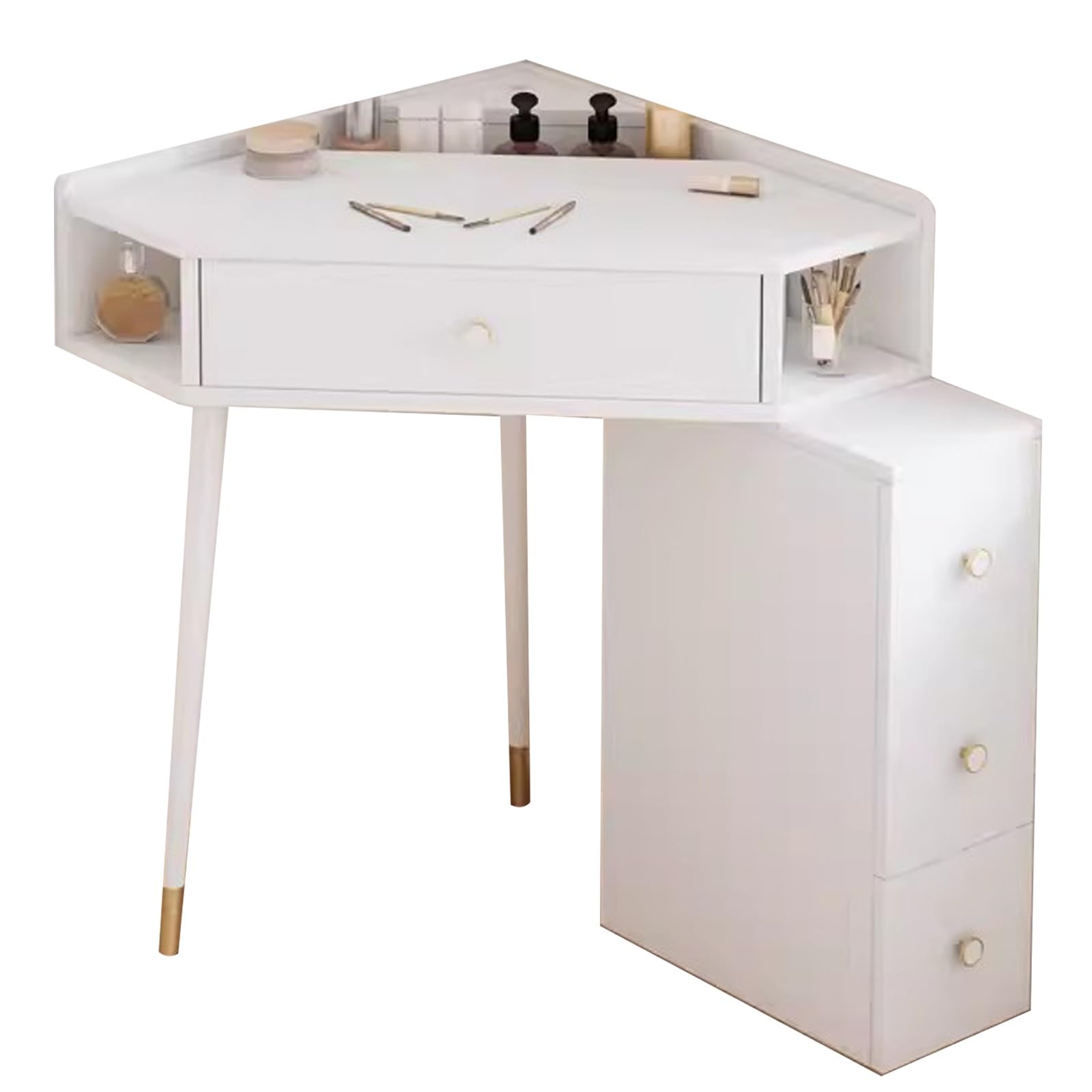 asdchZen Maple Corner Vanity Desk-Space-Saving Triangle Makeup Table With Storage Shelves For Home Office & Small Spaces-Stylish Makeup Vanity & Computer Desk,White