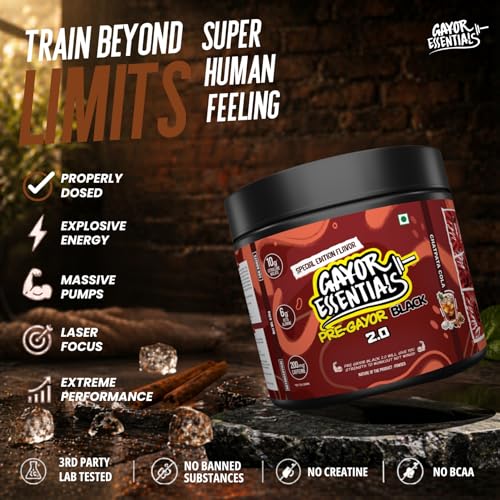 Image of Gayor Essentials Pre gayor black 2.0 Pre Workout High Stim Energy, Focus & Muscle Pump, 200mg Caffeine, 10g Citrulline Malate, 6g Beta Alanine, L-Theanine Performance Formula(Cola, 676g)