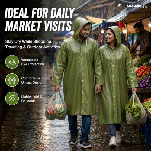 Image of MIKANIX Waterproof Hooded Raincoat for Men & Women | Full Length Reusable PVC Rain Wear | Lightweight Windproof Rain Jacket with Front Button Closure (Pack of 1)