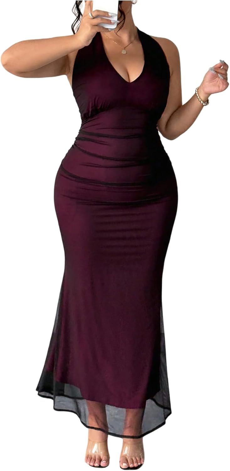 Women's Plus Size Ruffle Halter Dress V Neck Fishtail Bodycon Party Long Mesh Dresses